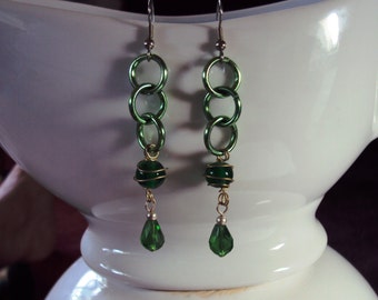 CHAIN Links Earrings - GREEN Aluminum Links w Green Crystal