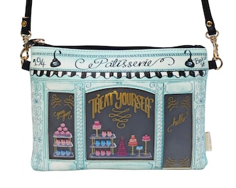 Handbag purse hand purse Patisserie confectioner baker with long adjustable shoulder strap blue lady woman girl zipper clutch