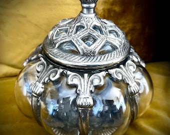 Beautiful Vintage antique brass hand-blown apothecary jar with lid and bubble glass brocante curiosa apothecary jar box bowl