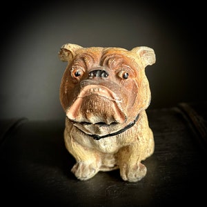 French Bulldog Vienna bronze ink pod cold painted antique curio dog animal rarities brocante beige brown teeth ink jar