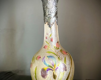 A beautiful antique Art Nouveau enameled glass jug carafe decanter flowers enamel curio glass signed tin W.M.F