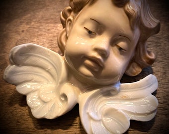 Mirete antique porcelain angel ornament plaque brocante curiosities vintage Cherub pastel colors sweet face