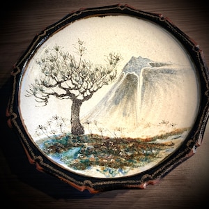 David Eeles Beautiful plate bowl with beautiful painting Sheperd's Well Pottery Mosterton Beaminster Dorset Handmade Stoneware