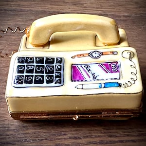 Limoges Sieraden Doosje Rochard porselein Miniatuur Telefoon curiosa juwelen opberg bakje goudkleurige sluiting stempel onderop box