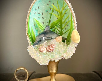 Diorama egg on brass stand Dolphin curios brocante vintage shells sea real egg