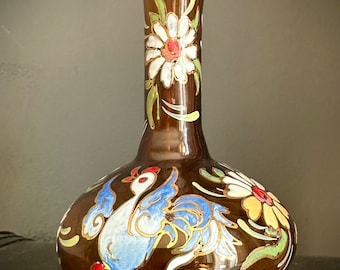 Roya signed vase antique glass bird flowers vintage birds rooster flower brown glass vintage curio animal enamel handpainted