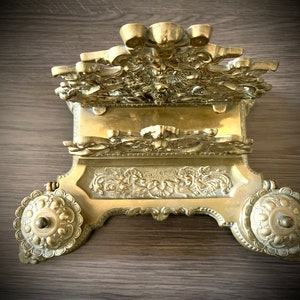 Antique Art Nouveau inkwells letter holder curiosities vintage brass brocante pen tray