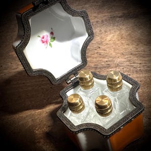 Può includere: Un portagioie ornato aperto, con un motivo floreale sul coperchio. All'interno, sono visibili quattro piccole bottiglie di vetro trasparente con coperchi color oro. La scatola ha un bordo color argento e un esterno marrone e bianco.