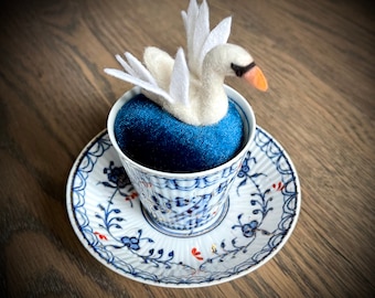 Pincushion in an antique tea cup teacup velvet blue white swan bird sewing kit sewing pins cushion decoration