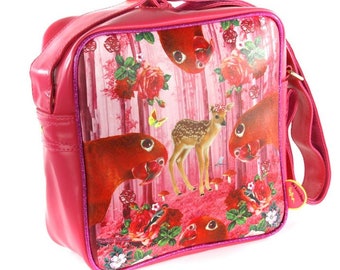 Handbag purse Shoulderbag with parrots Deer and flowers handbag with long adjustable shoulder strap Pink lady woman girl