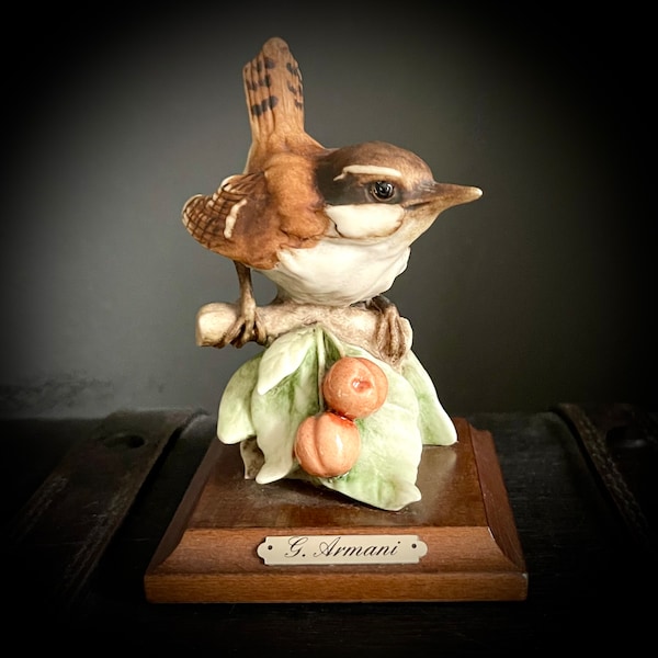 Moineau en cerisier figurine G. Armani sculpture figure signé 1982 Florence Italie oiseau vintage porcelaine statue animal arbre