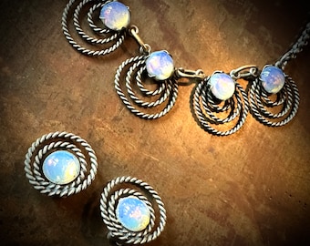 Oplalite 835 silver antique necklace + clip earrings jewelry Vintage necklace 1950s set circles stone stones beautifully elegant