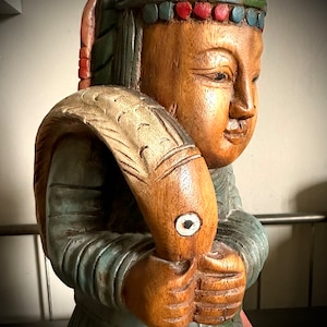 Vintage wood carved statue wood solid large vintage fish man fisherman colors hand carved