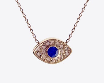 Rhinestone Eye Necklace, god luck necklace, minimal necklace, gold necklace, evil eye necklace, evil eye protection, blue stone, halloween