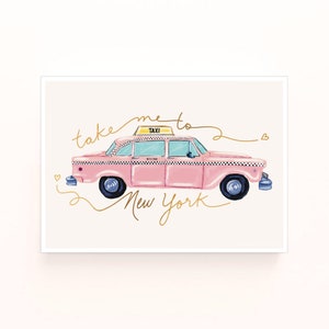 Portami a New York, NYC Taxi, stampa artistica digitale 5x7 11x14 / Arte stampabile / Download di arte / Stampa artistica rosa / Galleria d'arte da parete / Stampa artistica di New York