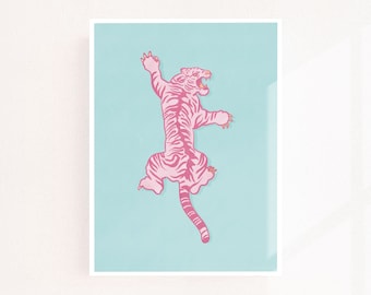 Climbing Pink Tiger 18x24 Digital Art Print | Tiger Art Print | Printable Art | Art Download | Pink Art Print | Gallery Wall Art | Art Print