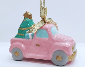Pink Truck Ornament | Pink Truck With Tree Ornament | Christmas Ornament | Truck Ornament | Ceramic Ornament | Pickup Truck Ornament | Truck