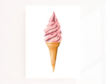 Strawberry Ice Cream Cone Large Digital Art Print 18x20 | Pink Ice Cream Art Printable | Large Food Art Print | Dessert Kitchen Art print