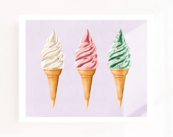 Ice Cream Cone Digital Art Print 8x10 16x20 | Ice Cream Art Printable | Strawberry Ice Cream Art | Dessert Food Art print | Kitchen Food Art