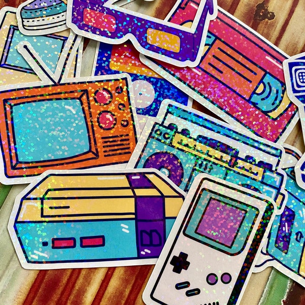 Pack of 11 Waterproof Vinyl Holographic 80s Themed Stickers, Retro Vintage 80s Sticker Pack Decor, Journal Planner Laptop Stickers