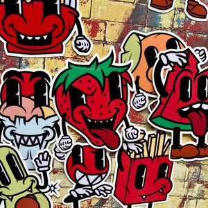 Pack of 14 Waterproof Vinyl Retro Graffiti Food Cartoons, Retro Vintage Cartoon Sticker Pack Decor, Journal Planner Laptop Stickers