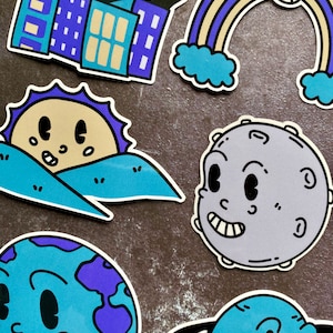 Pack of 8 Waterproof Vinyl Celestial Cartoon Stickers, Retro Space Cartoons Sticker Pack, Journal Planner Laptop Stickers