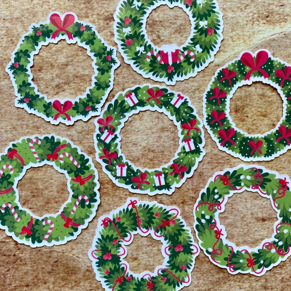 Pack of 7 Waterproof Vinyl Christmas Wreath Stickers, Christmas Wreaths Sticker Pack Decor, Journal Planner Laptop Tumbler Stickers