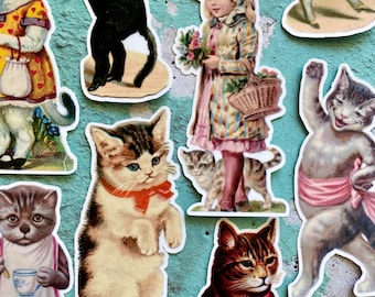 Pack of 10 Waterproof Vinyl Victorian Cat Stickers, Vintage Victorian Cat Images Sticker Pack, Journal Planner Laptop Scrapbook Stickers