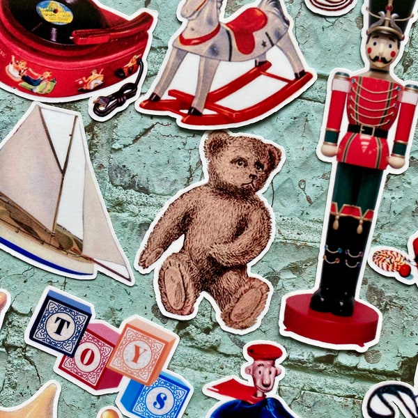 Pack of 18 Waterproof Vinyl Vintage Toy Stickers, Retro Antique Toys Sticker Pack Decor, Junk Journal Planner Laptop Stickers