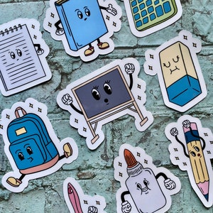 Pack of 10 Waterproof Vinyl Retro Cartoon School Supplies Stickers, Cute Vintage School Supplies Sticker Pack, Planner Laptop Stickers