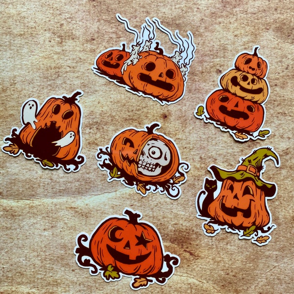 Pack of 6 Waterproof Vinyl Spooky Pumpkins Stickers, Vintage Pumpkins Halloween Sticker Pack Decor, Journal Planner Laptop Stickers