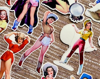 Pack of 10 Waterproof Vinyl Vintage Cowgirl Stickers, Retro Western Pinup Cowgirl Sticker Pack, Journal Planner Laptop Stickers