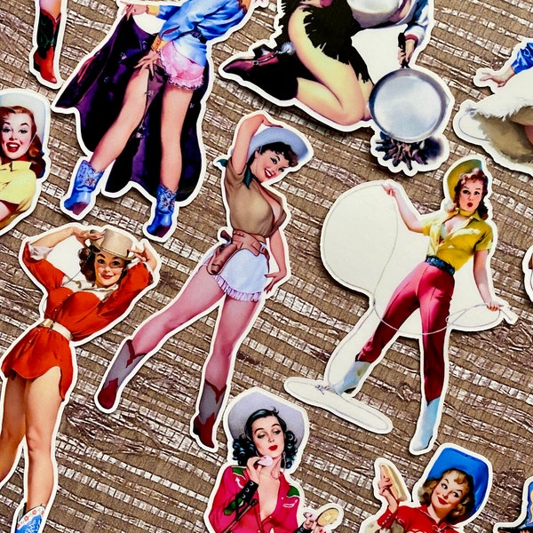 Pack of 10 Waterproof Vinyl Vintage Cowgirl Stickers, Retro Western Pinup Cowgirl Sticker Pack, Journal Planner Laptop Stickers