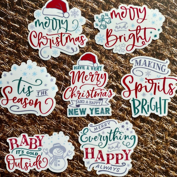 Pack of 7 Waterproof Vinyl Christmas Stickers, Seasonal Holiday Sticker Pack Decor, Journal Planner Laptop Stickers