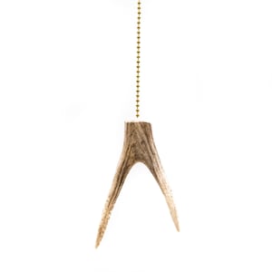 May include: A brown antler pull chain for a light fixture. The antler is attached to a gold chain.