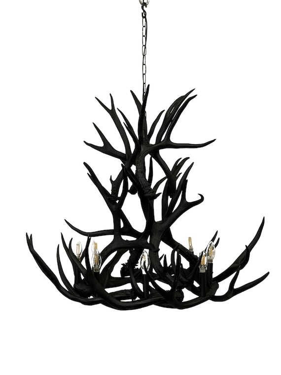 Modern Black Mule Deer Antler Chandelier - Open Center, 8 Lights, 16 Real Antlers