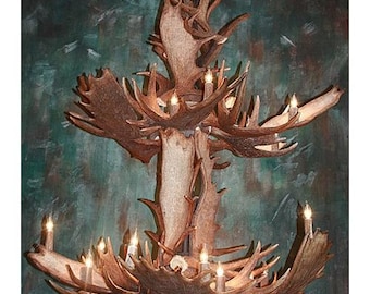 May include: A large antler chandelier with multiple branches and candle holders. The chandelier is made of natural antlers and has a rustic, natural look.