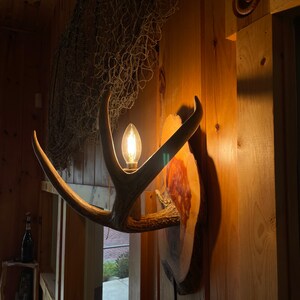 Op de afbeelding: Een rustieke lamp gemaakt van een houten schijf en een geweistuk, met een gloeilamp die de kamer verlicht.
