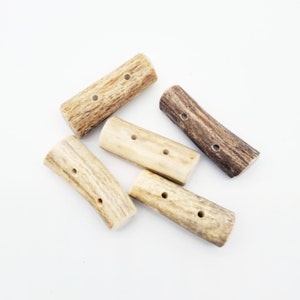 May include: Five natural antler buttons with two holes each. The buttons are in various shades of brown and beige.