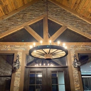 Rustic Wagon Wheel Chandelier 12 Light 38-52" Diameter Wood | Rustic Country Home Farmhouse Hunting Lodge Kitchen Island