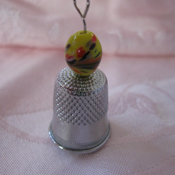 Silver Thimble Pendant with Yellow Glass Multi Glass Bead, With or Without Chain