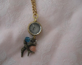 Watch Case Necklace With T Initial And Charms, 17 Inch Chain, Bird Charm