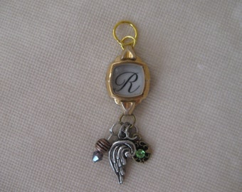 Very Unique Vintage Watch Pendant With Charms And Initial R