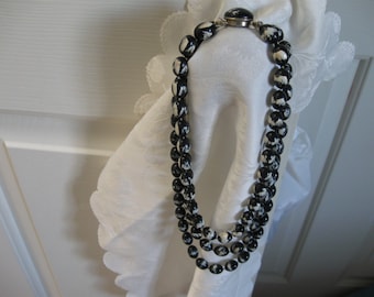 Multi Strand Vintage Bead Necklace in Black and White, 16 Inches