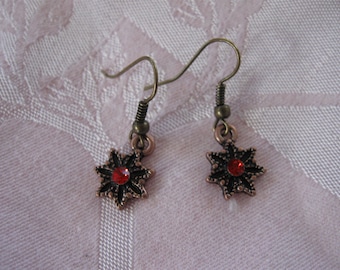 Small Antiqued Bronze Finished Dangle Earrings With Red Glass Center on French Wire