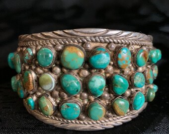 Derrick Gordon Turquoise Cluster Cuff Bracelet, Vintage Native American Jewelry, Navajo