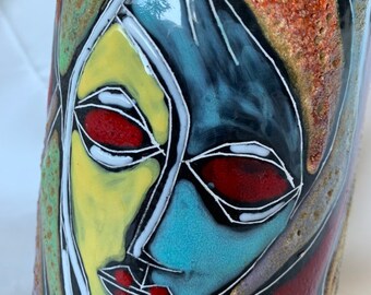 Italian Abstract Figural Lava Glaze Face Pottery Vase After Fantoni
