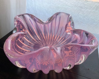 1950s Vintage Seguso Italian Pink Opaline Ribbed Ruffle Art Glass Bowl