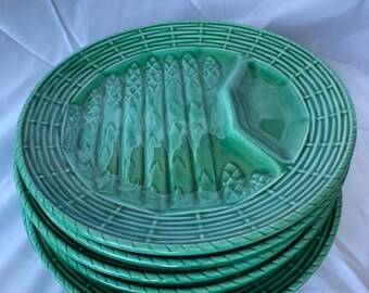 French Majolica Asparagus Plates by Sarreguemines - Set of 6