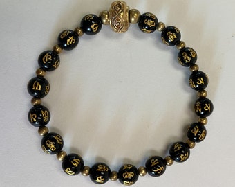 Black Obsidian & brass beads with Tibetan eye beads